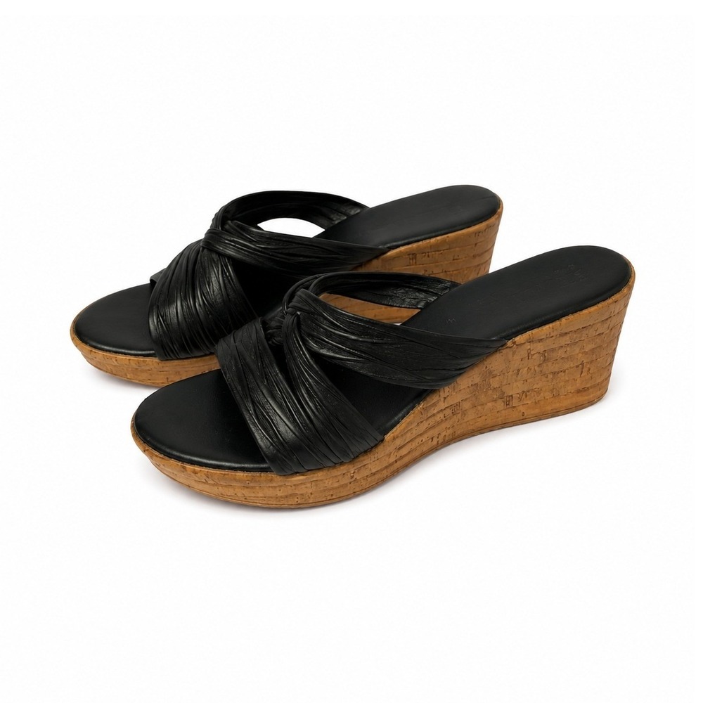 Italian Shoemakers Wedge Sandals Womens 8M Black Textured Cross Strap Made Italy